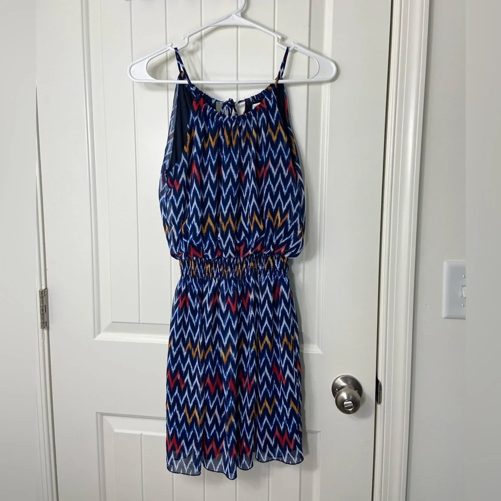 Sweet Storm women’s electric blue red orange geometric cinched high neck dress M